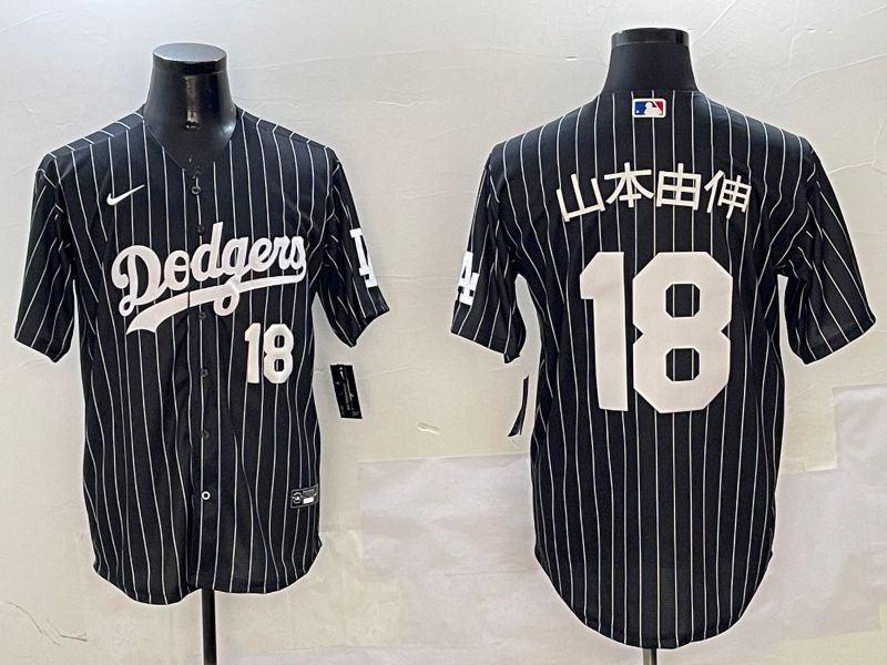 Men Los Angeles Dodgers #18 Yamamoto Black Stripe Jointly Name 2025 Nike MLB Jersey style 24